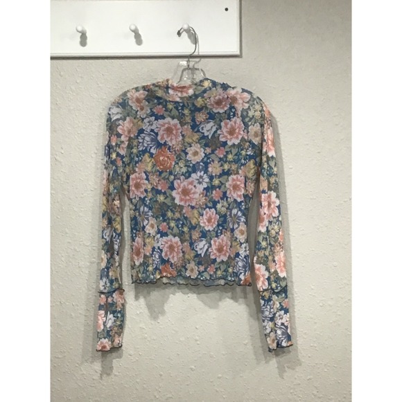Magnolia Boutique Blue Floral Sheer Mesh Top Mock Neck L Boho Indie Y2K Coquette - Picture 3 of 9